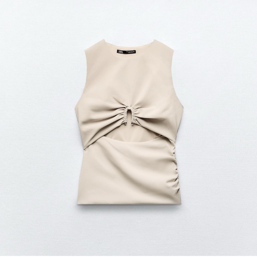 Zara Tan Ruched Cut Out Tank Top